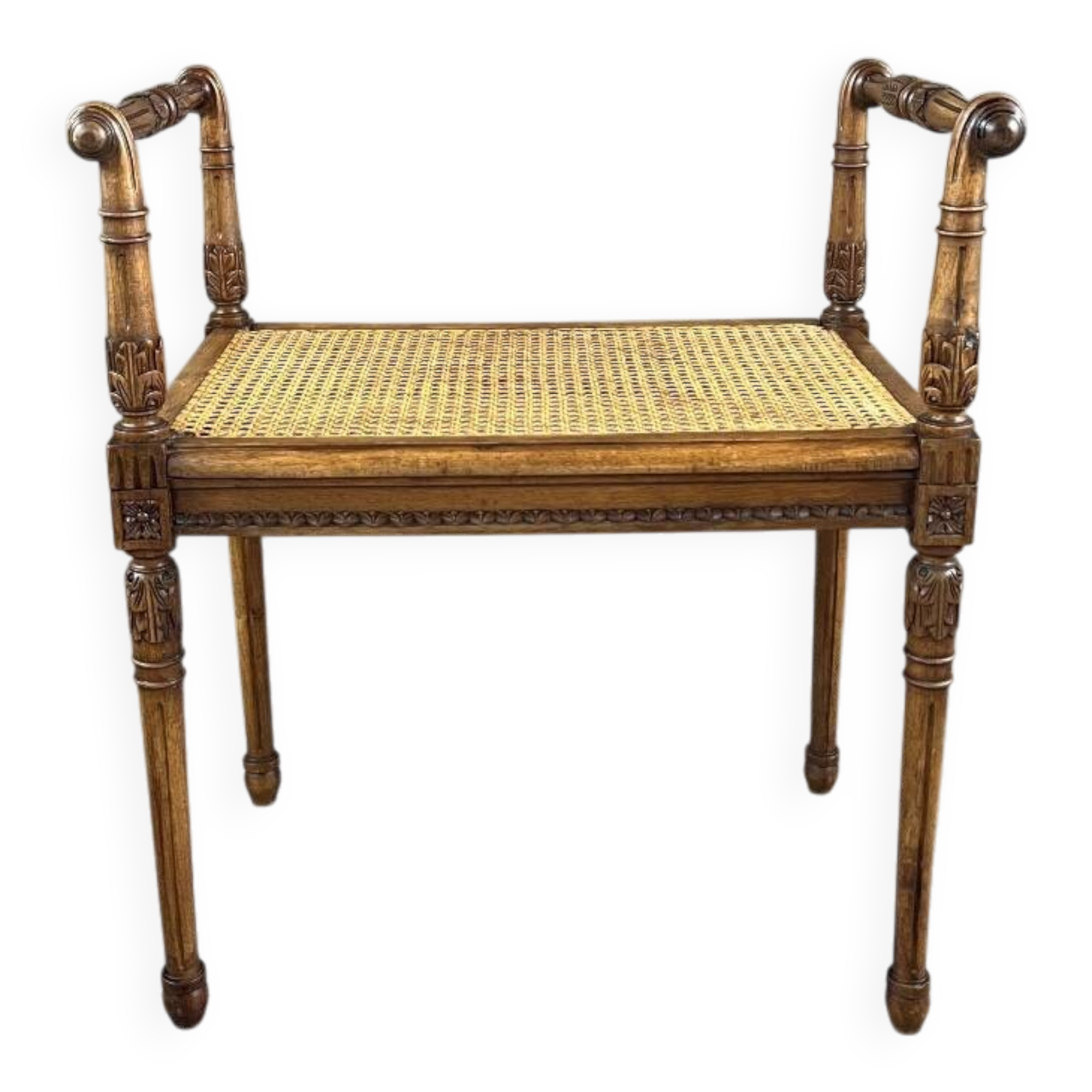 Banquette / tabouret en bois sculpté et cannage, XXe siècle
