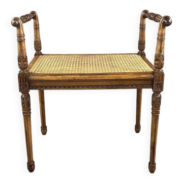 Banquette / tabouret en bois sculpté et cannage, XXe siècle