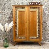 2 Door Wardrobe - Oak and Rattan - Compass Feet - Vintage 50/60's