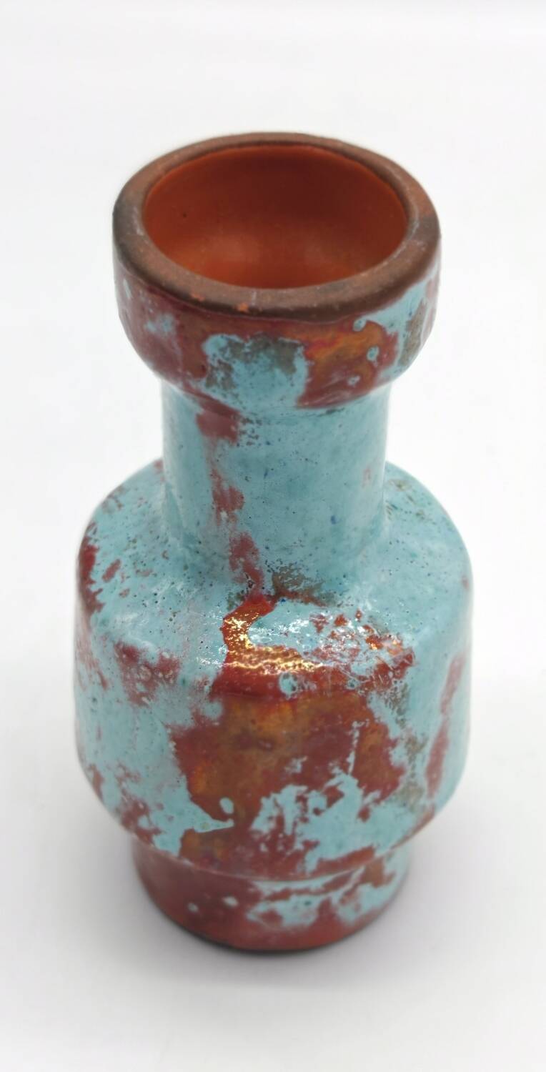 Small designer vase in oxblood red and turquoise blue