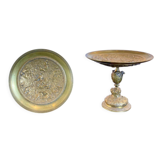 Paire de coupes en bronze doré Décor divinités de l'Antiquité, 19ème Tazza Neo Renaissance