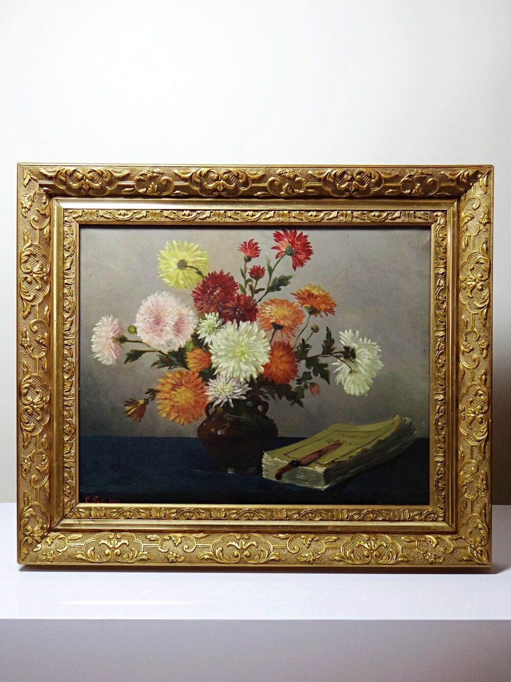 Oil painting on canvas, still life with chrysanthemums, signed L.Porte 1888.