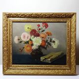 Oil painting on canvas, still life with chrysanthemums, signed L.Porte 1888.