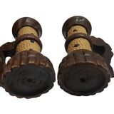 Duo of Wooden Candle Holders with Brutalist-Style Rope Decor