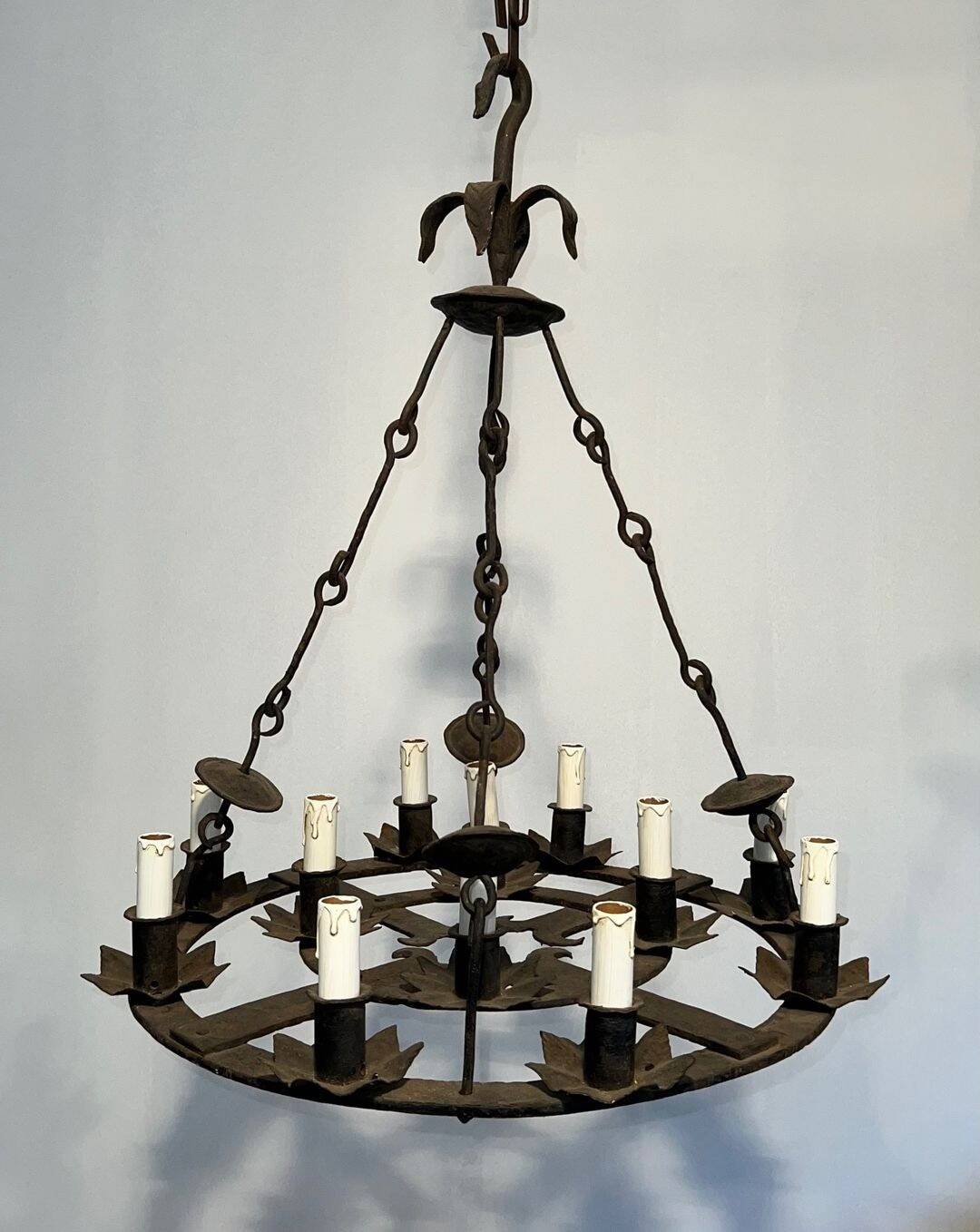 Wrought Iron Chandelier, 12 Lights, Gothic Style, French Work, circa 1
