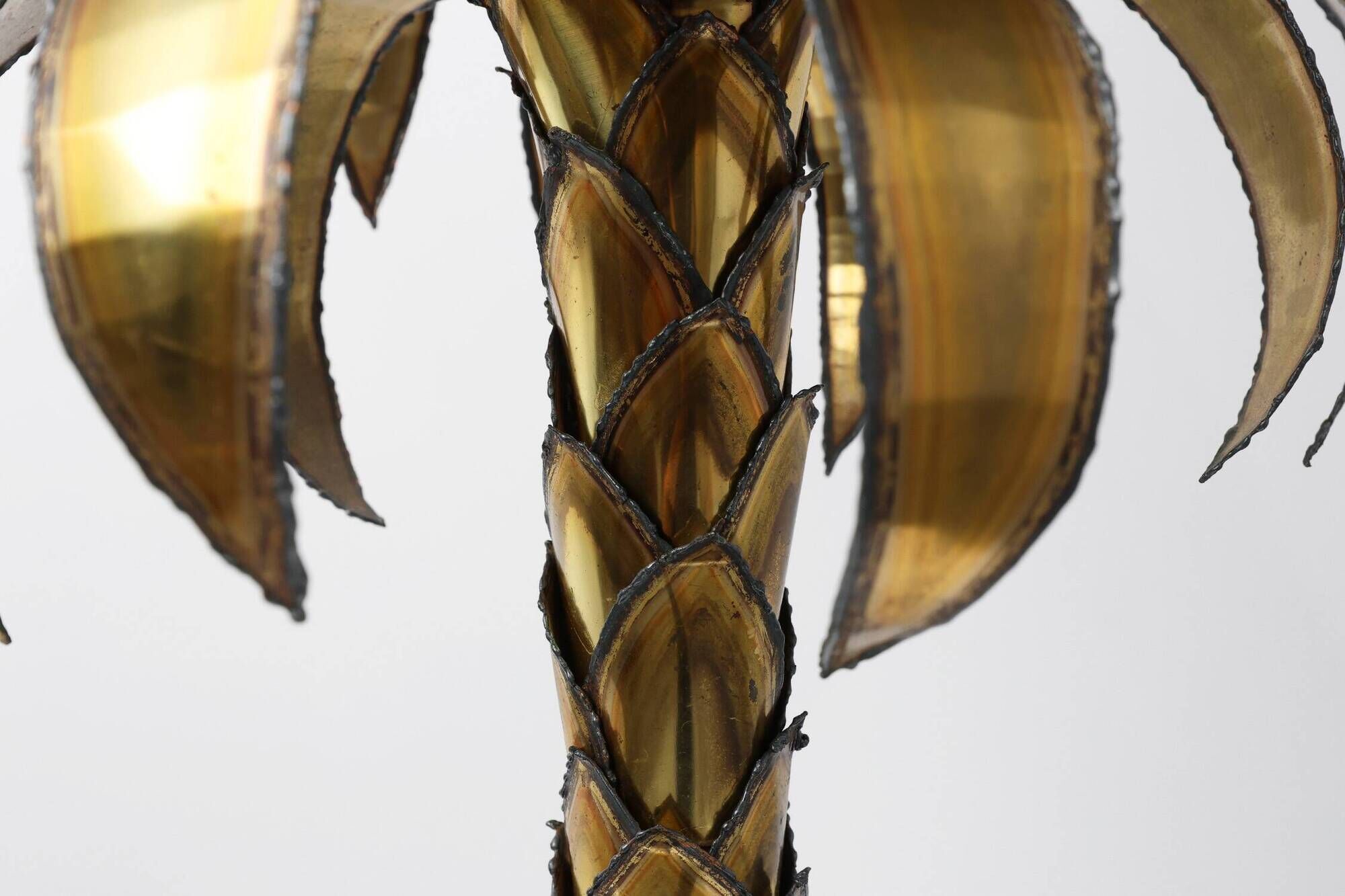 Hollywood Regency brass palm tree table lamp with black shade, France, 1970