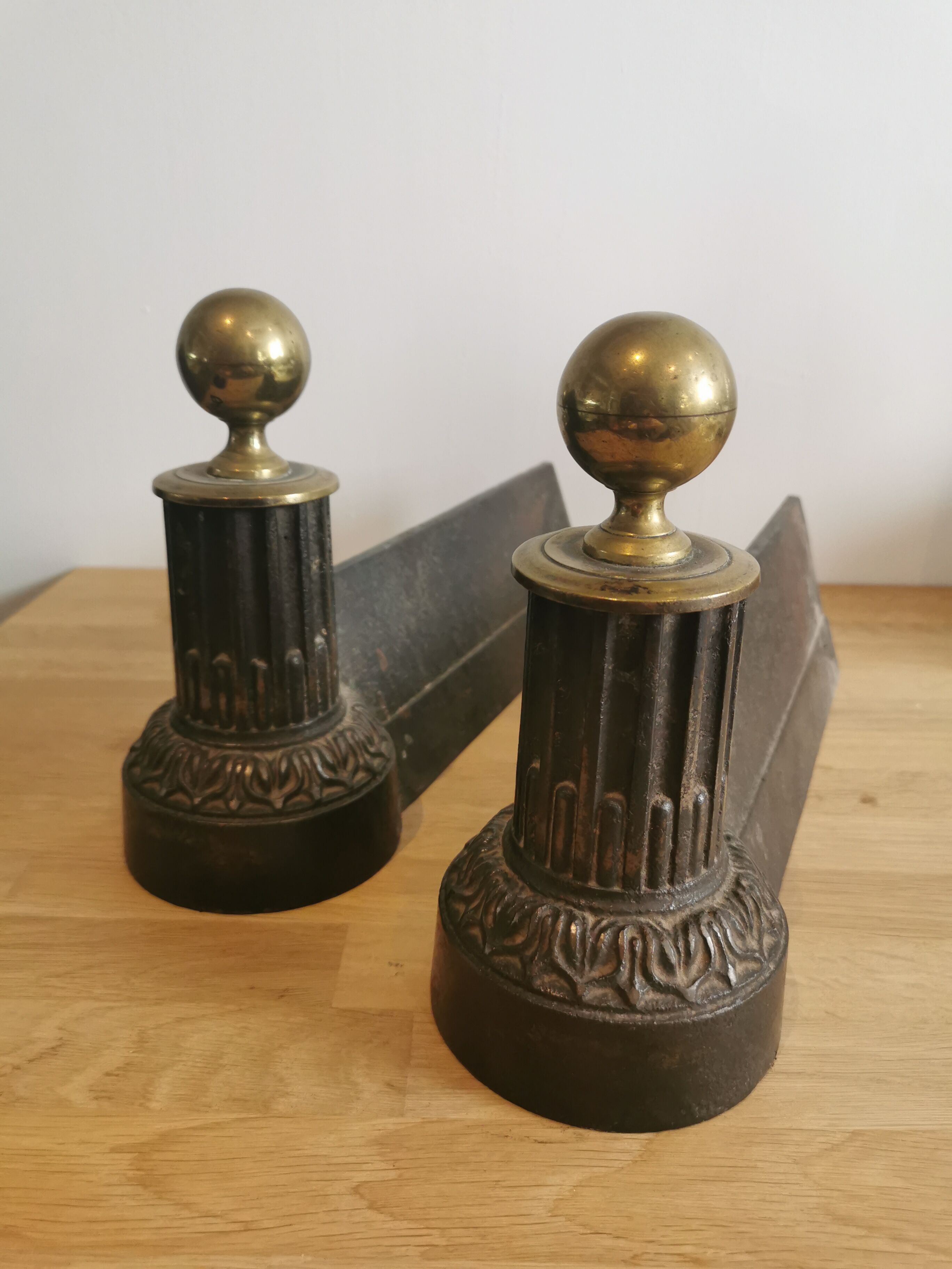 2 cast iron and brass chenets
