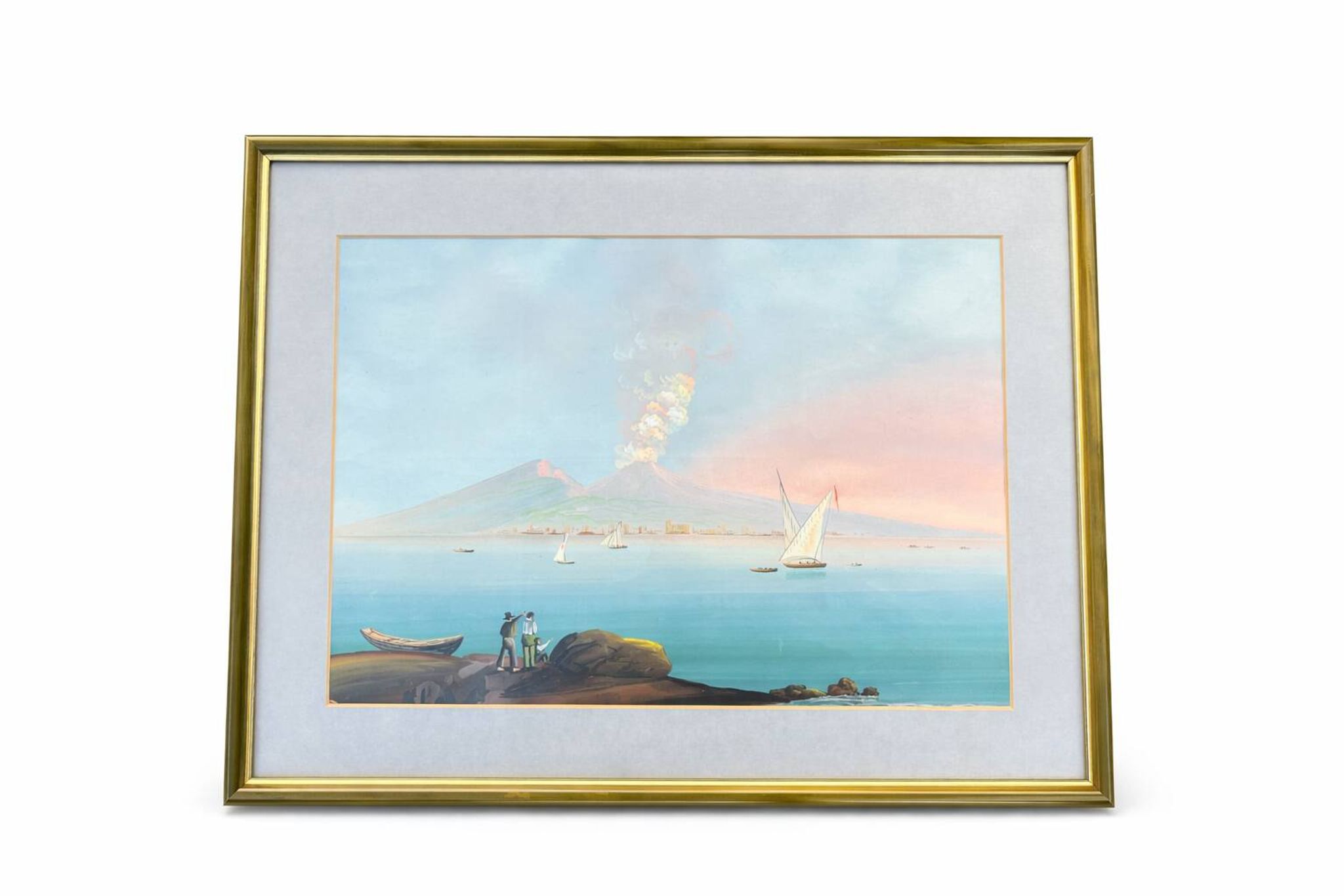 Gouache ancienne représentant une vue classique et animée de la bai