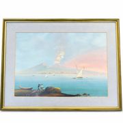 Gouache ancienne représentant une vue classique et animée de la bai