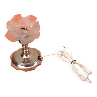 Lampe à poser métal chromé tulipe en forme de rose / verre opaque epoque art déco