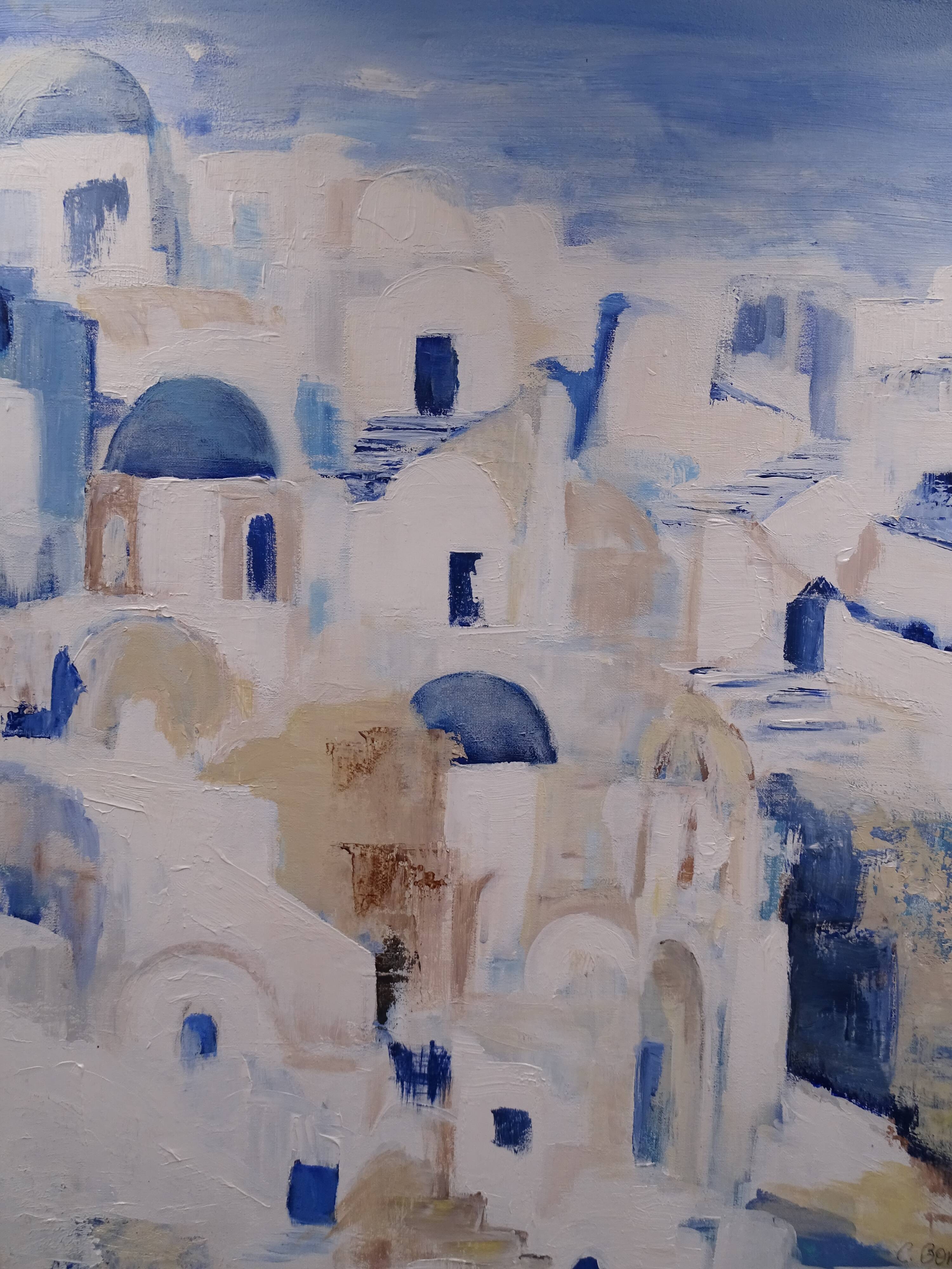 The Greek village - Pastel blue and ochre tones - Signed dated