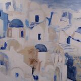 The Greek village - Pastel blue and ochre tones - Signed dated