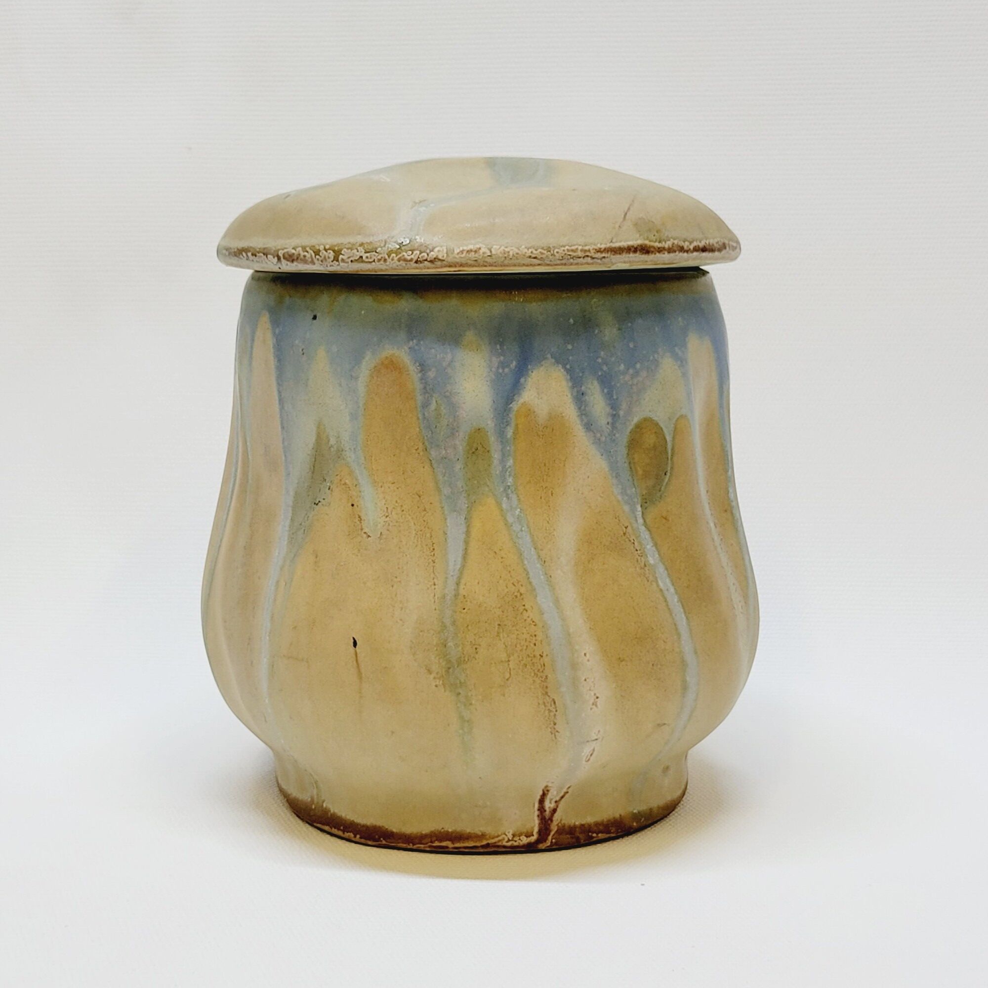 Gilbert Metenier Covered pot in beige and blue art nouveau flamed stoneware