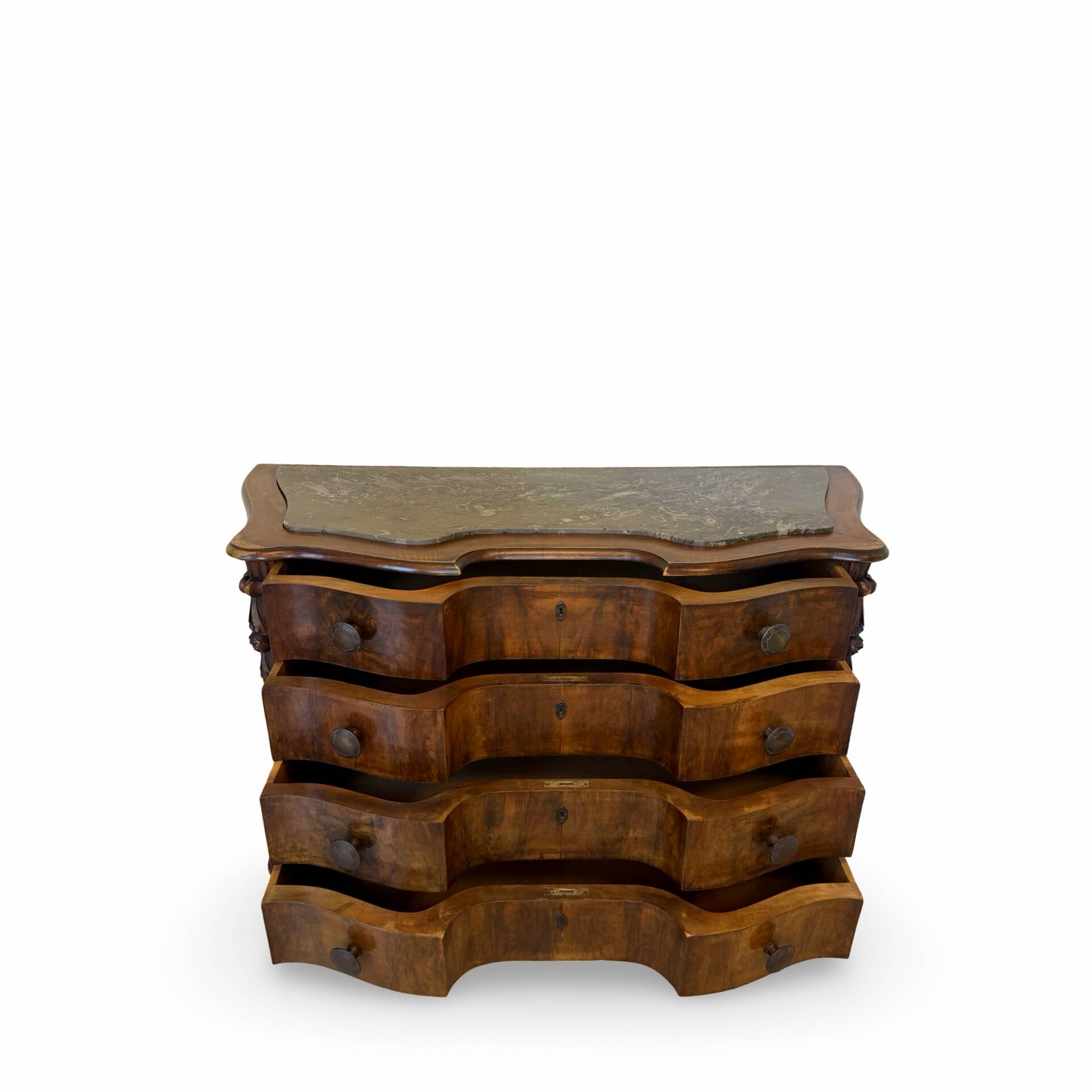 serpentine commode in antique walnut