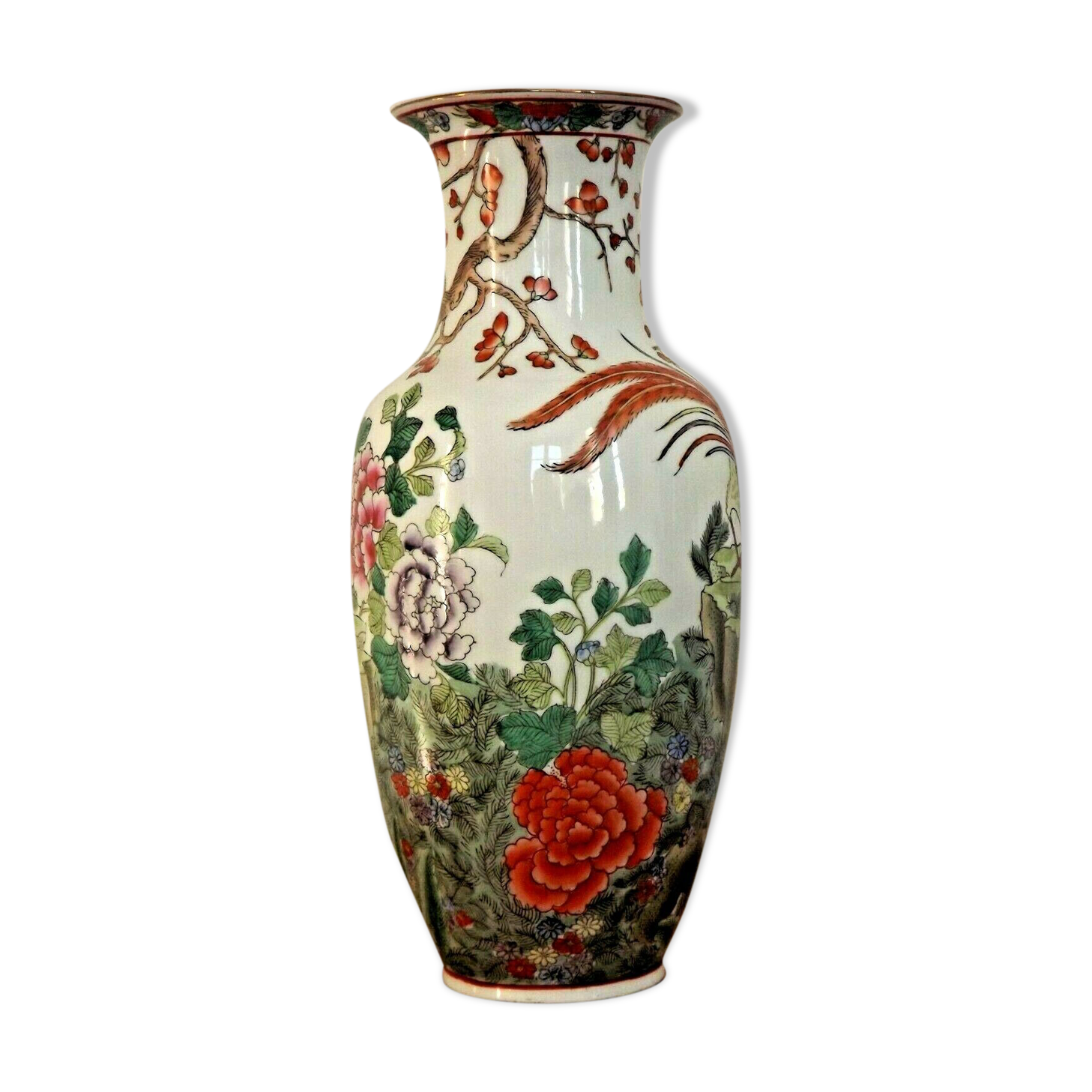 Decorative Vintage Chinese Bright Floral Vase With Pheasant Stamped On Base 3282