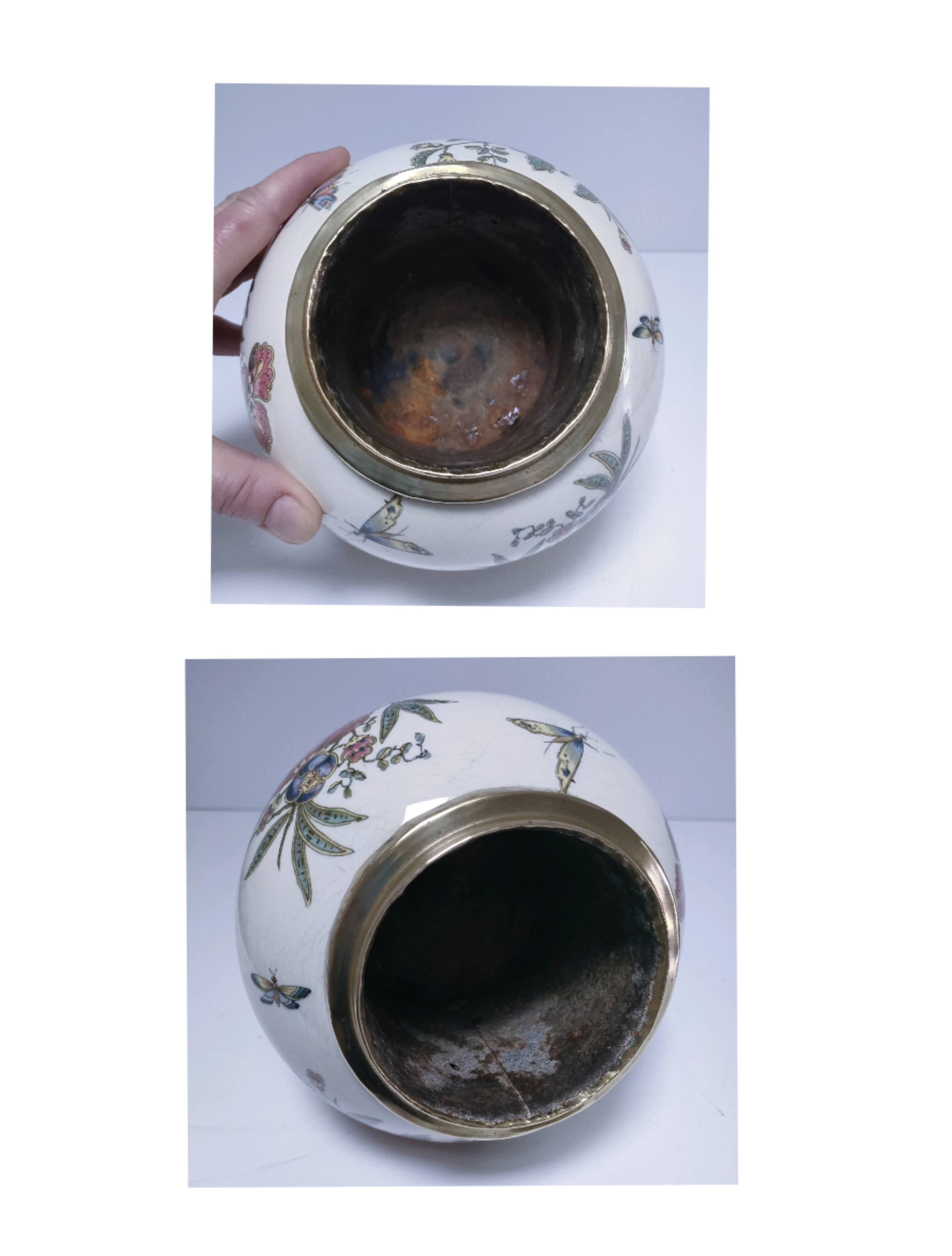 round vase earthenware brass decorated with flowers and insects early 20th century