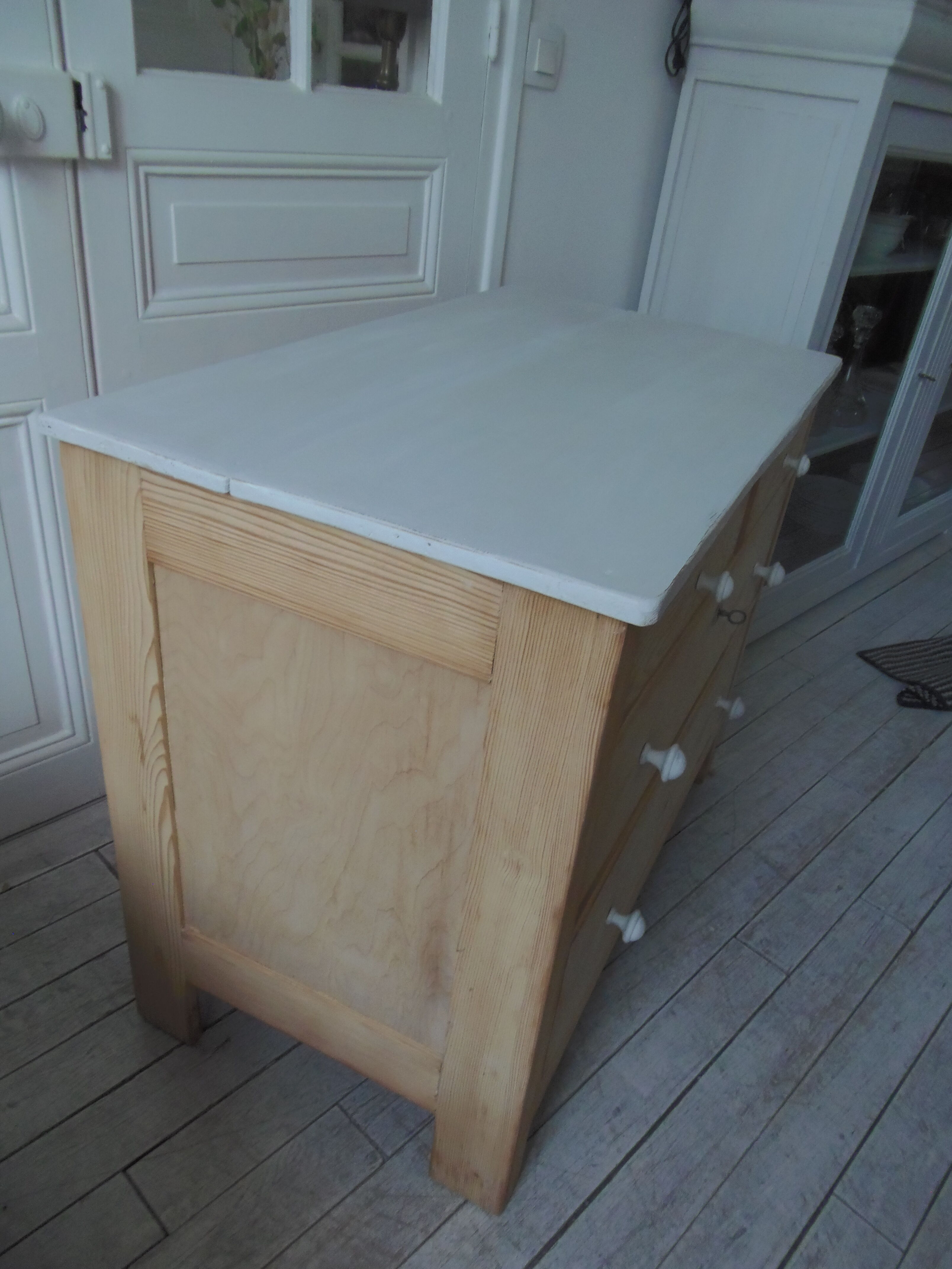 Vintage raw pitchpin chest of drawers, pearl grey patinated drawer tray buttons