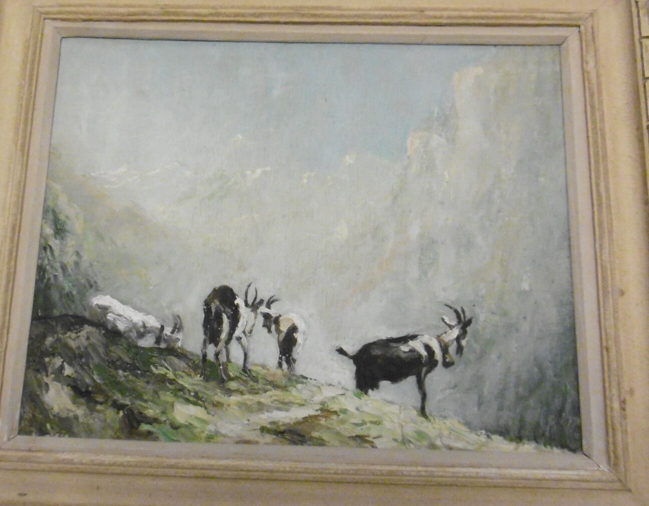 Oil painting signed mountain landscape herd of goats