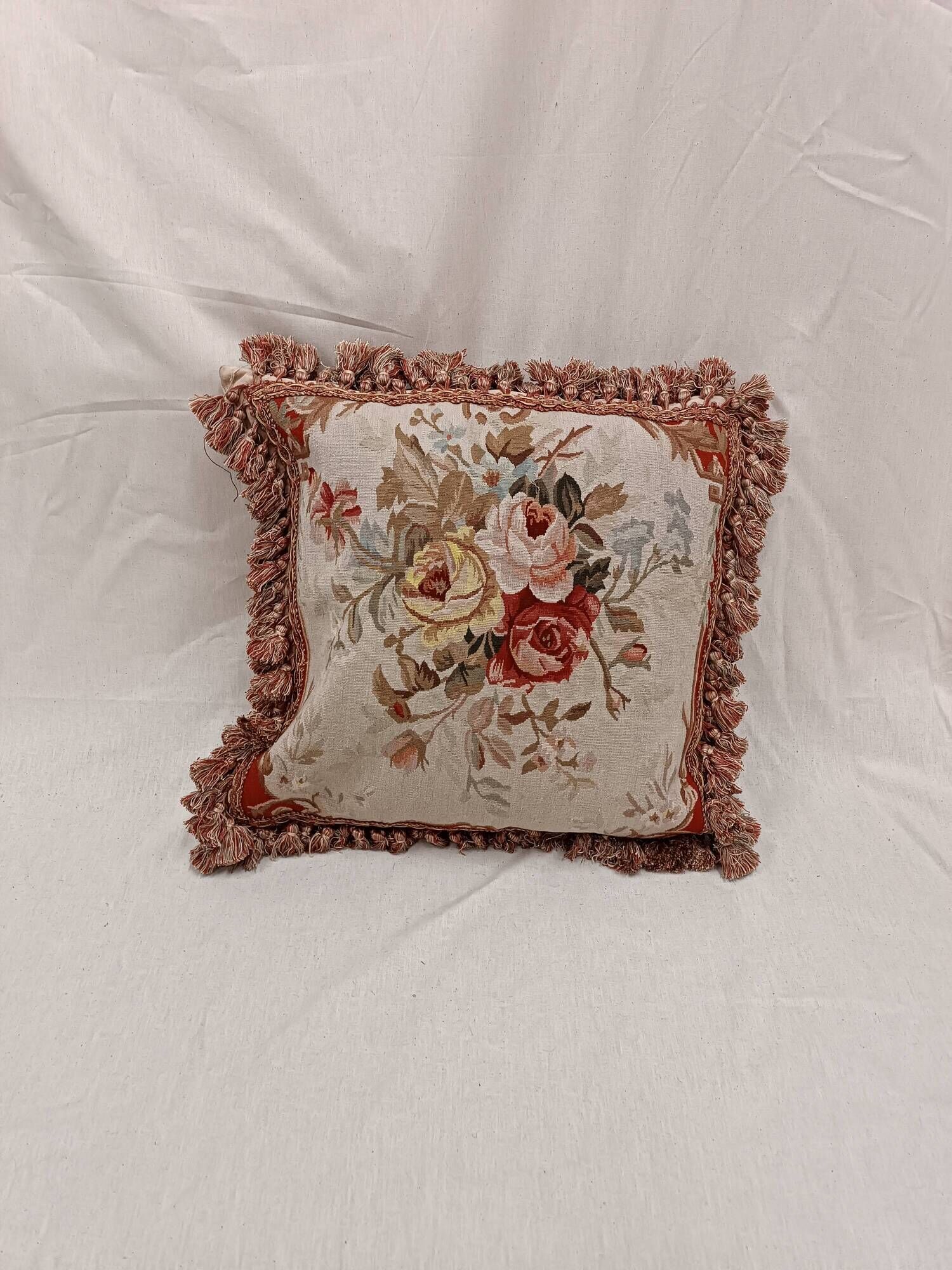 French Style Aubusson Floral Tapestry Cushion, Rose Bouquet & Tassel Fringe