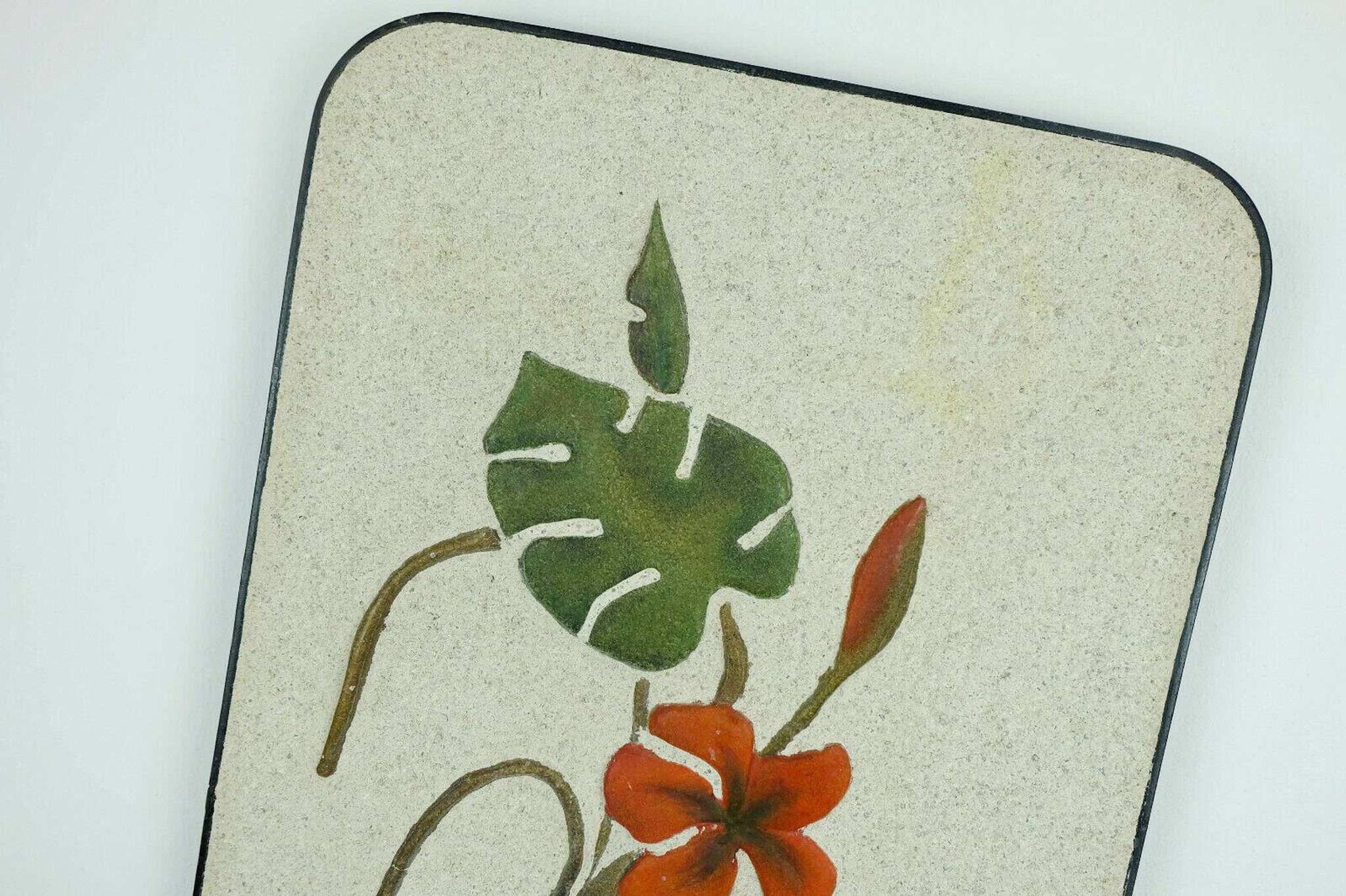 Mid century ceramic and plaster wall tile floral decor leaves and blossoms 1950s wgp