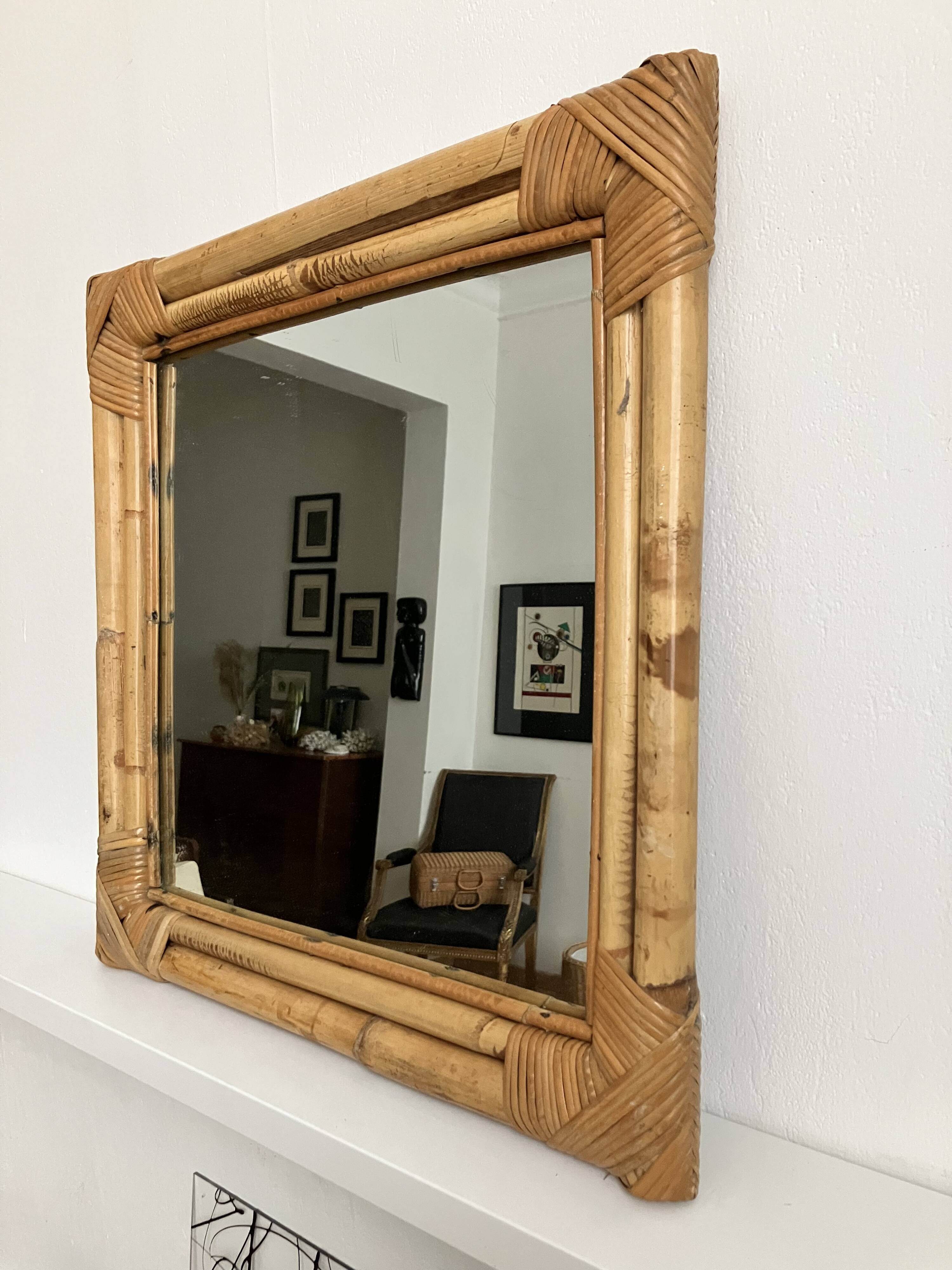 Bamboo rattan mirror from the 70s, French Riviera.