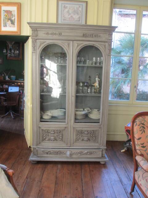 Antique carved buffet display cabinet with gray patina