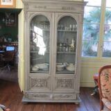Antique carved buffet display cabinet with gray patina