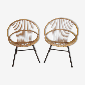 Fauteuils coquille en rotin et métal année 60