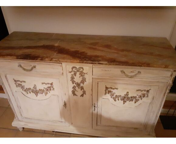 Sideboard 2 doors and 2 drawers with floral decorations, white patinated furniture