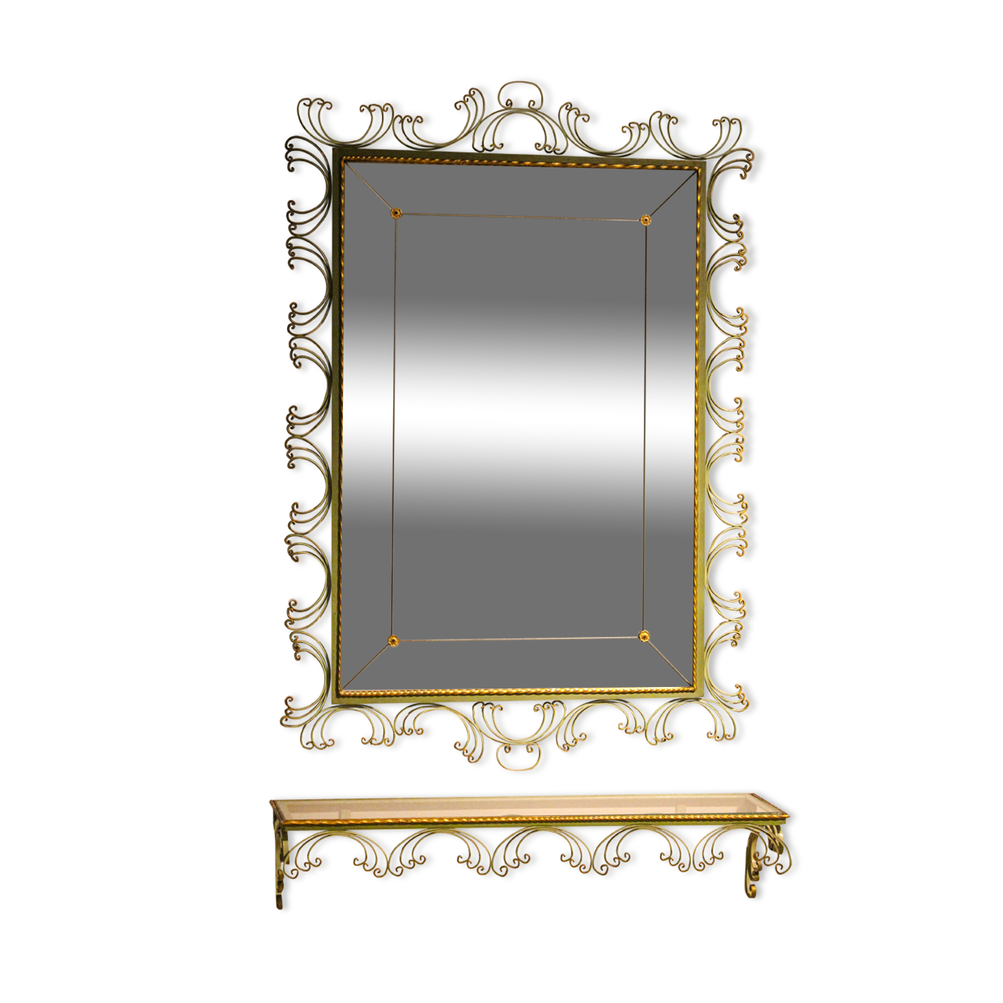 Miroir en plomb avec console en fer forgé laqué en vert pistache et or, Art Déco,