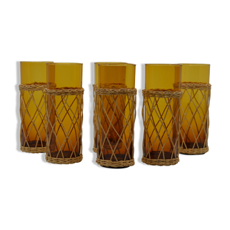 Set de 6 verres ambrés et rotin