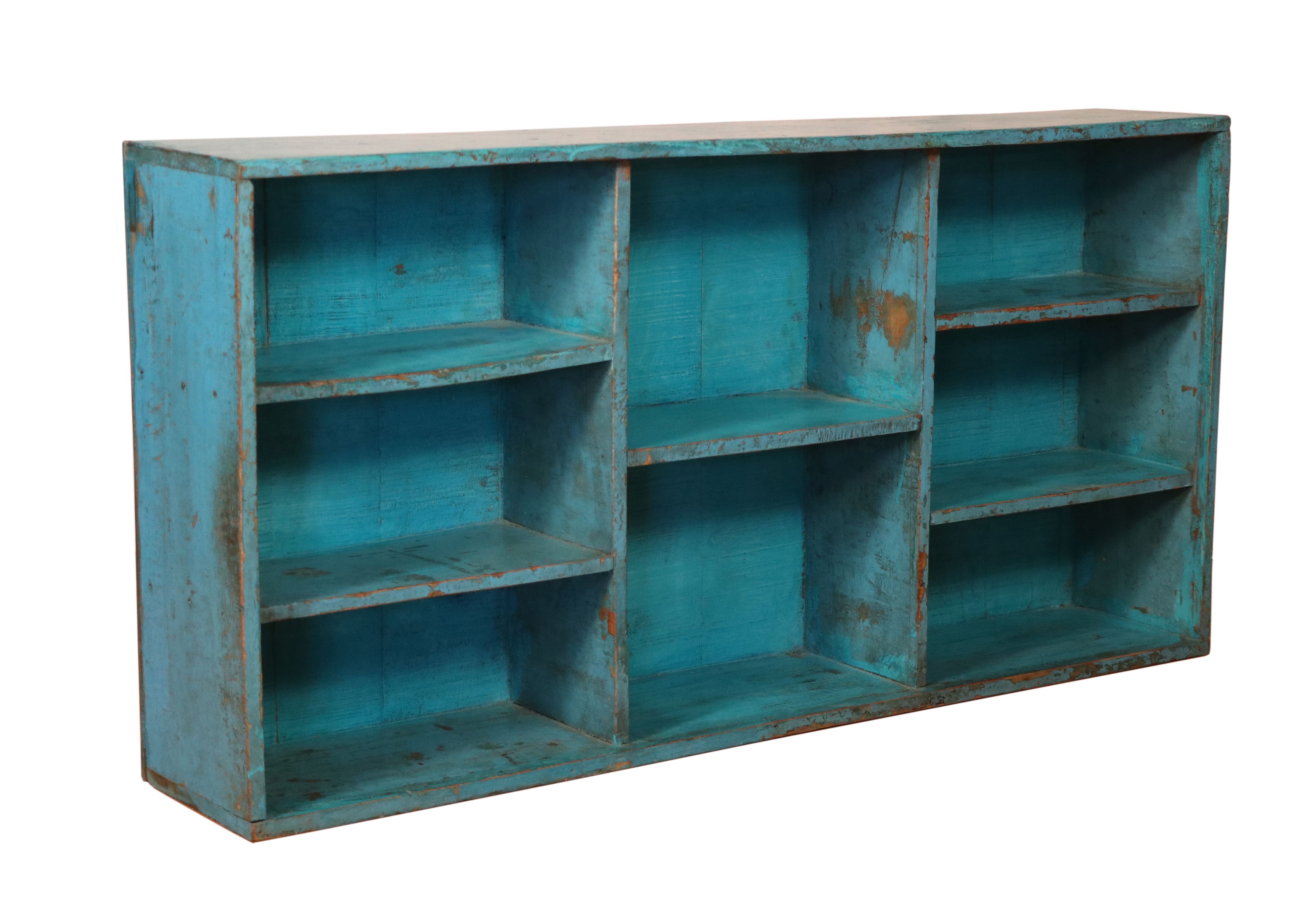 Old Burmese teak workshop shelf original blue patina