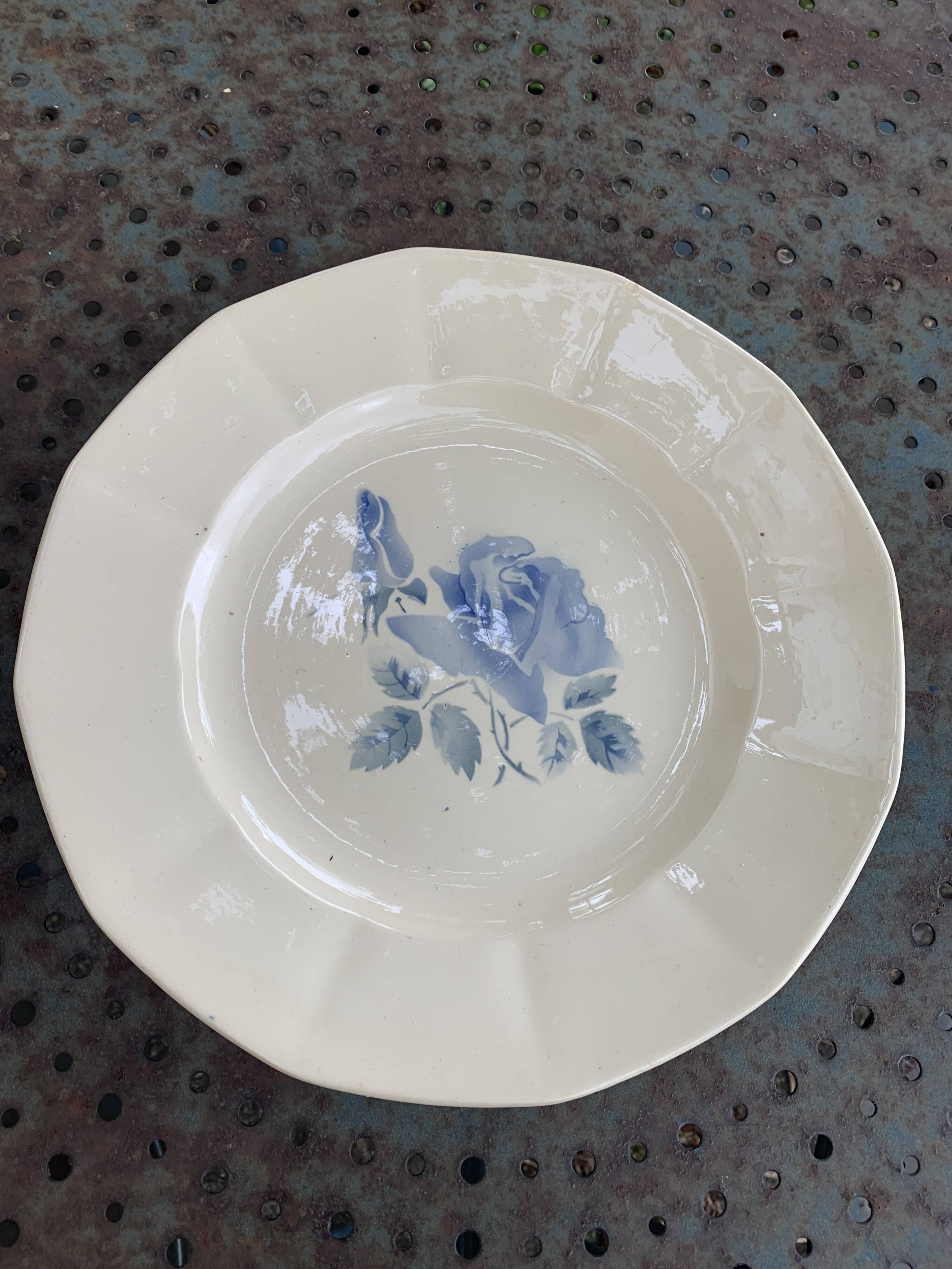 Digoin France cake dish with antique blue rose pattern