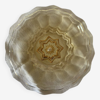 Honey-colored pressed and cut glass serving plate, 1930s