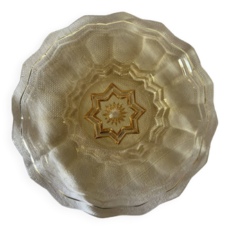 Honey-colored pressed and cut glass serving plate, 1930s