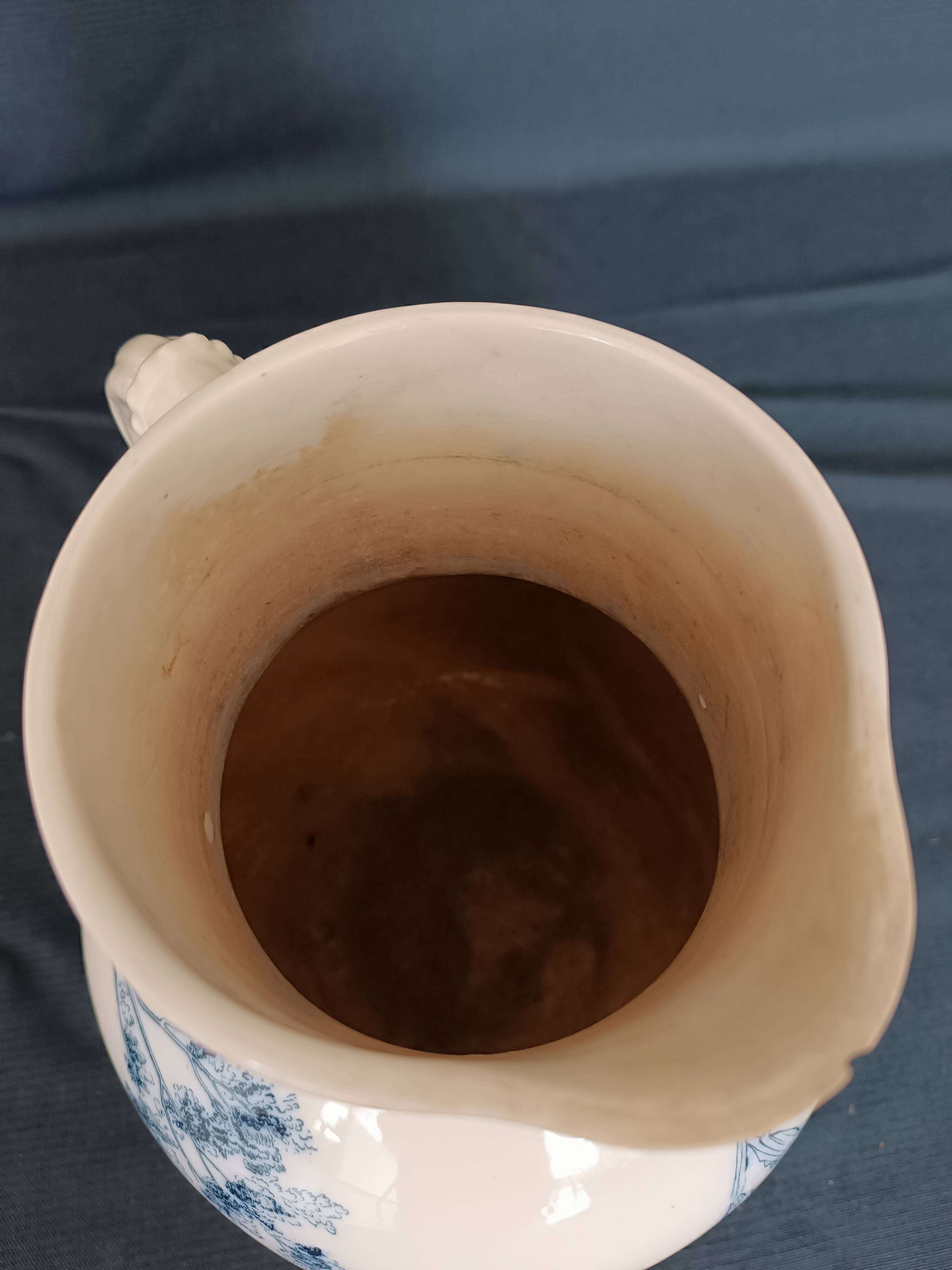 Pitcher jug vase earthenware floral decor blue early 20th century