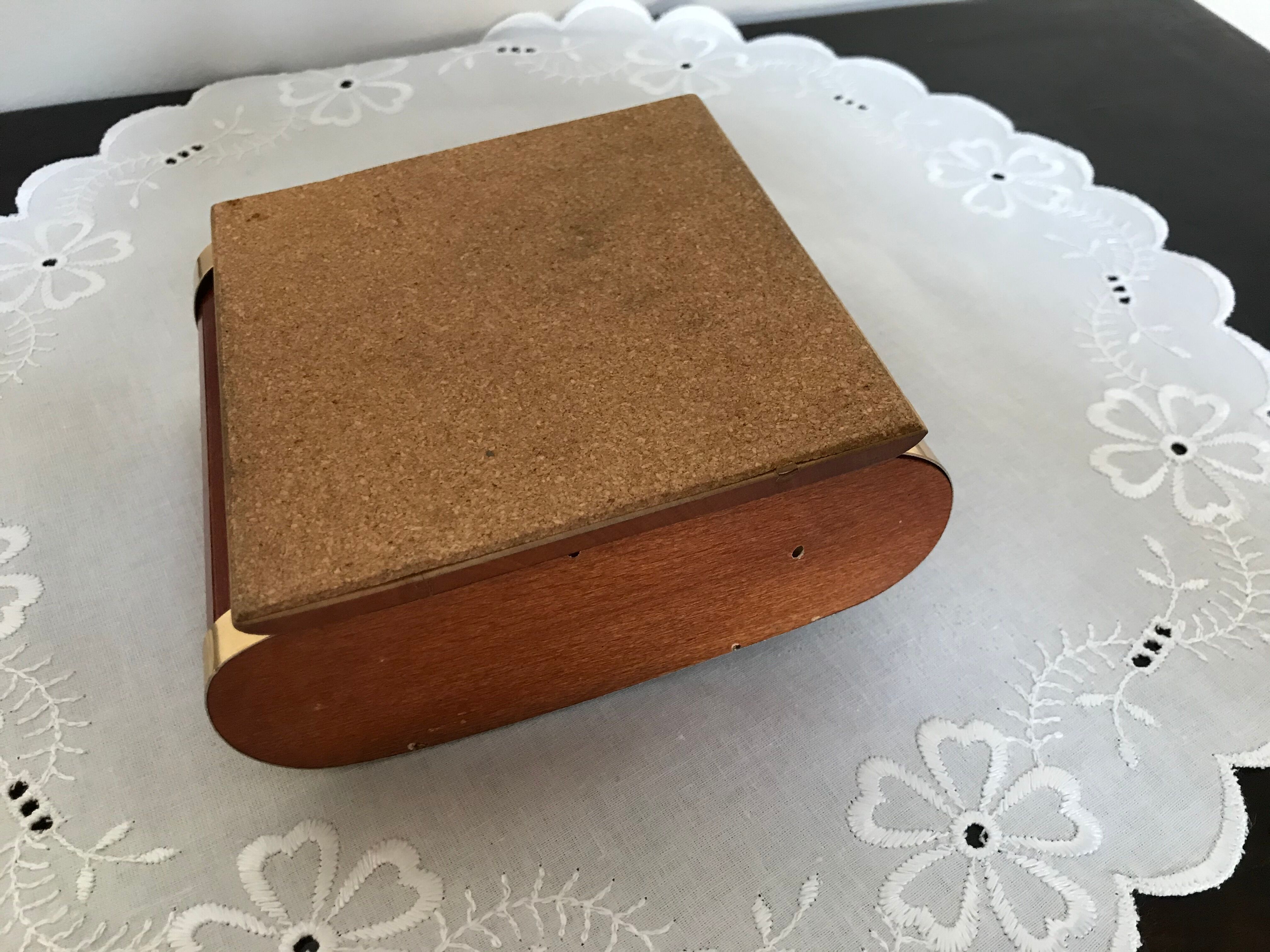 Vintage wooden cigarette box and brass curtain sliding lid