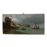 Old painting on wood sea le pouliguen 20x40 cm