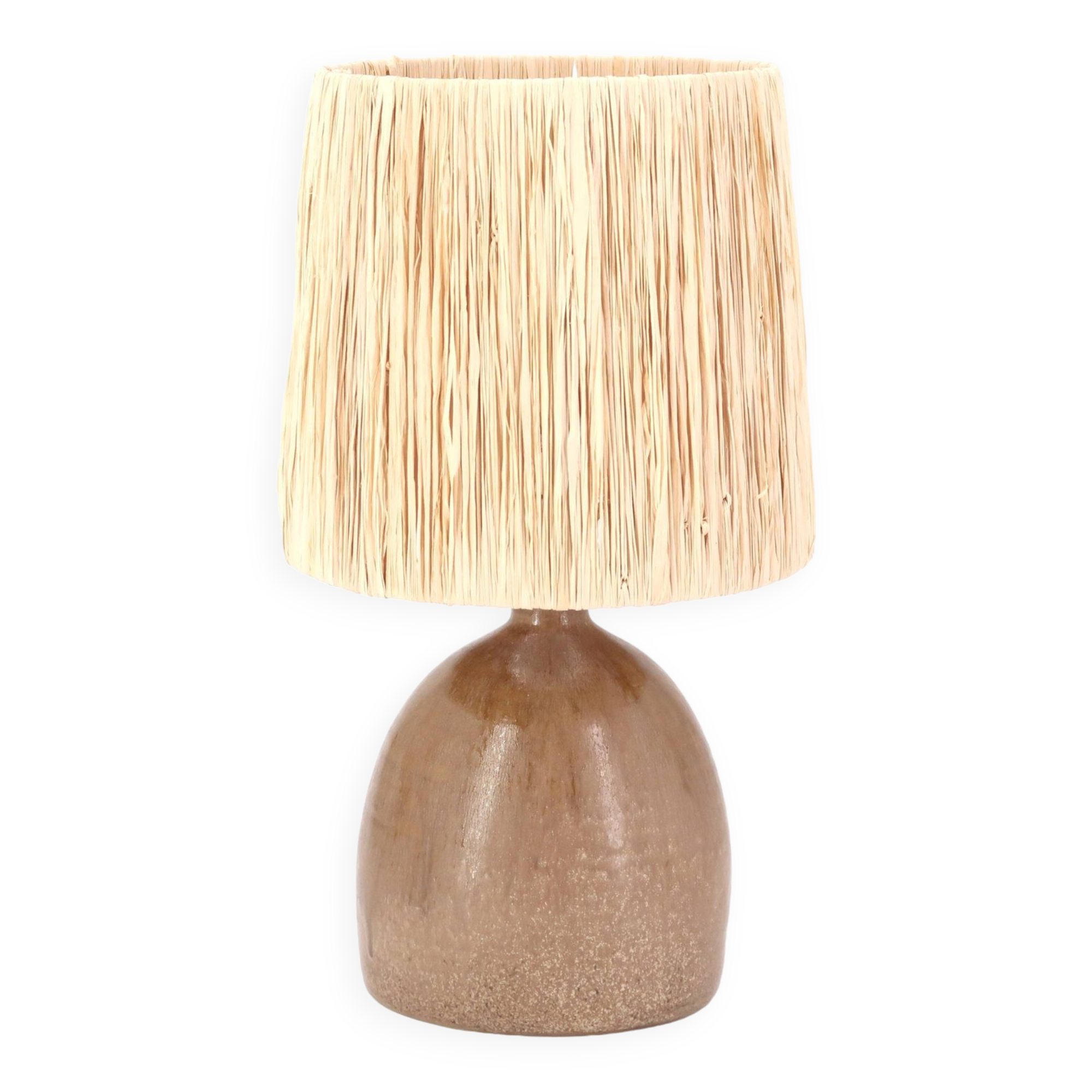 Handcrafted brown ceramic lamp, raffia lampshade, 70s