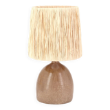 Handcrafted brown ceramic lamp, raffia lampshade, 70s