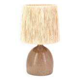 Handcrafted brown ceramic lamp, raffia lampshade, 70s