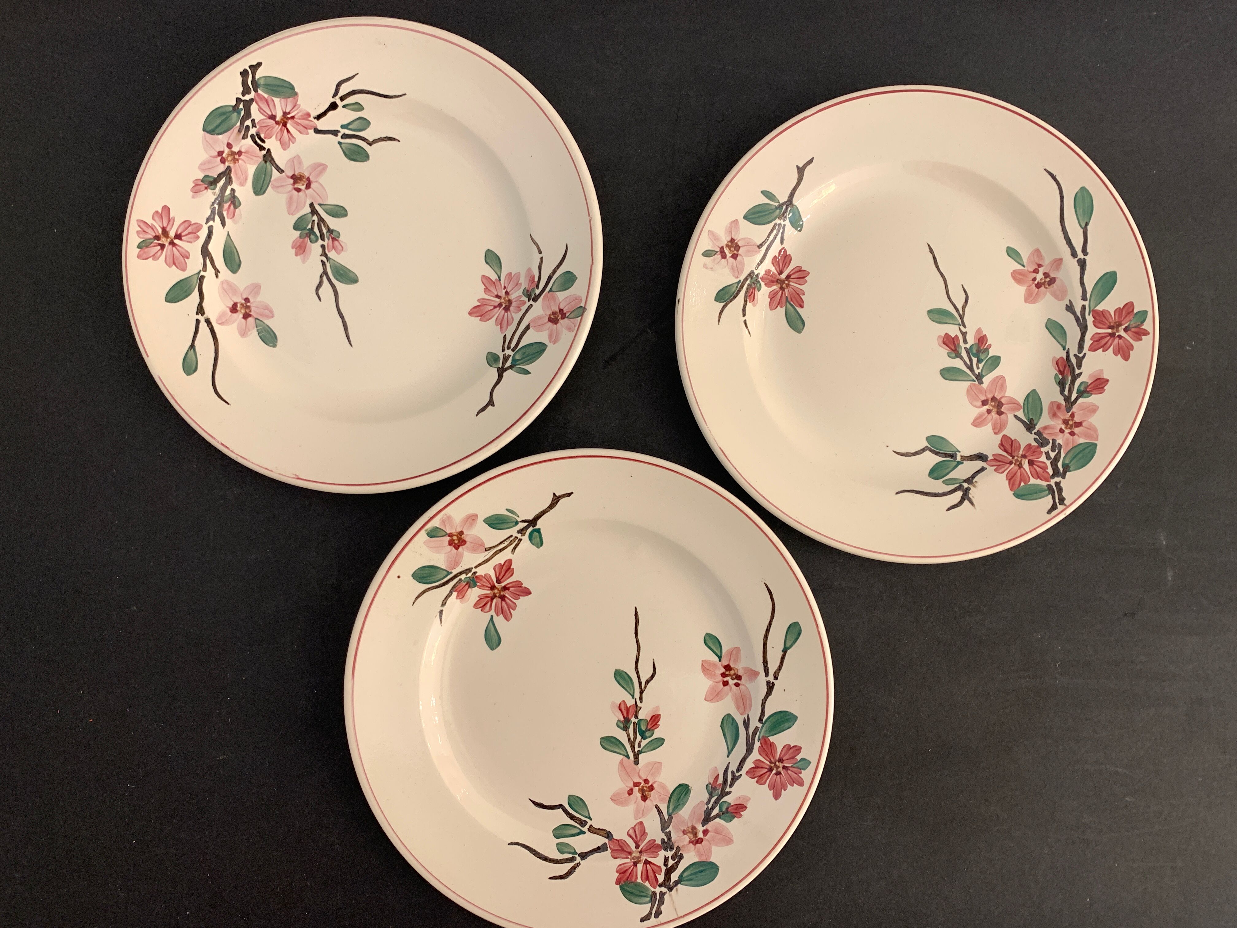 5 assiettes à dessert Digoin Sarreguemines, modèle Aigues Vives, 1940