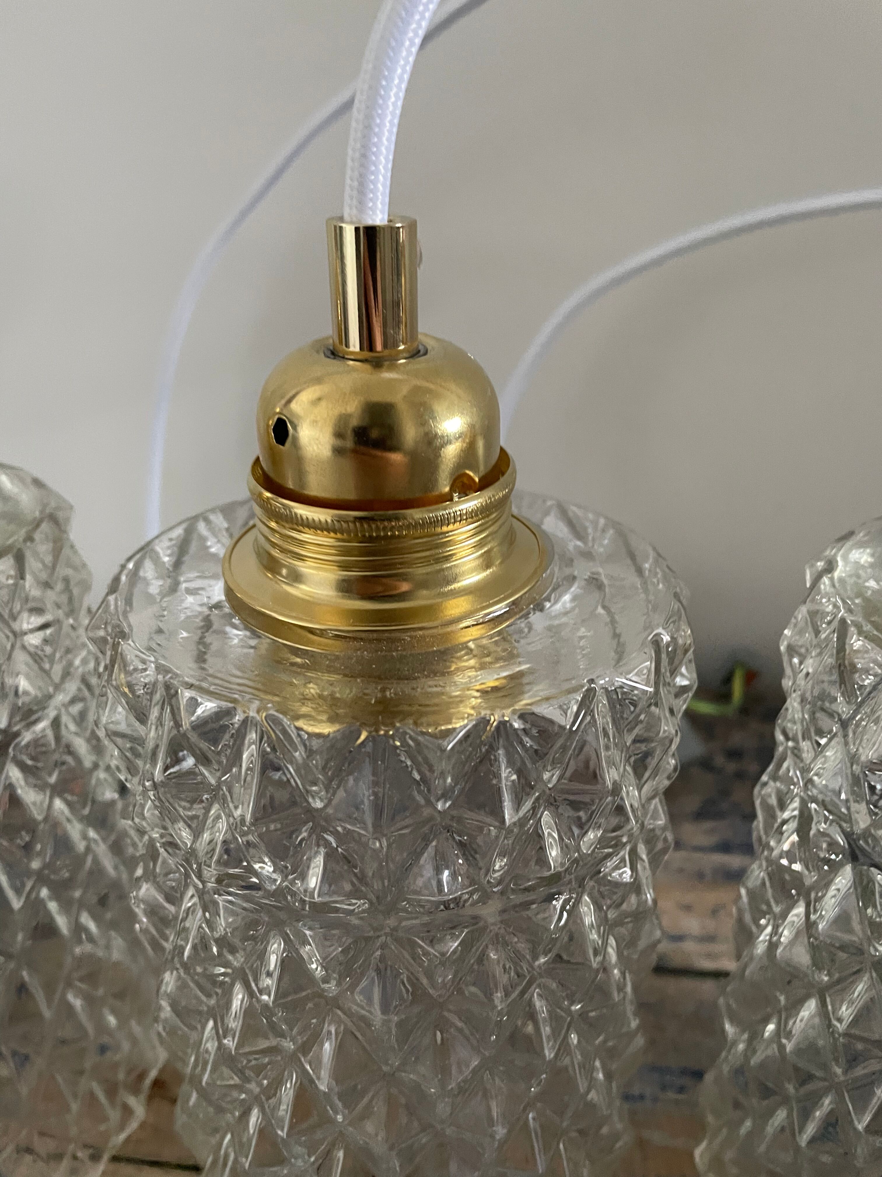 Set of three vintage pendant lamps in chiseled glass