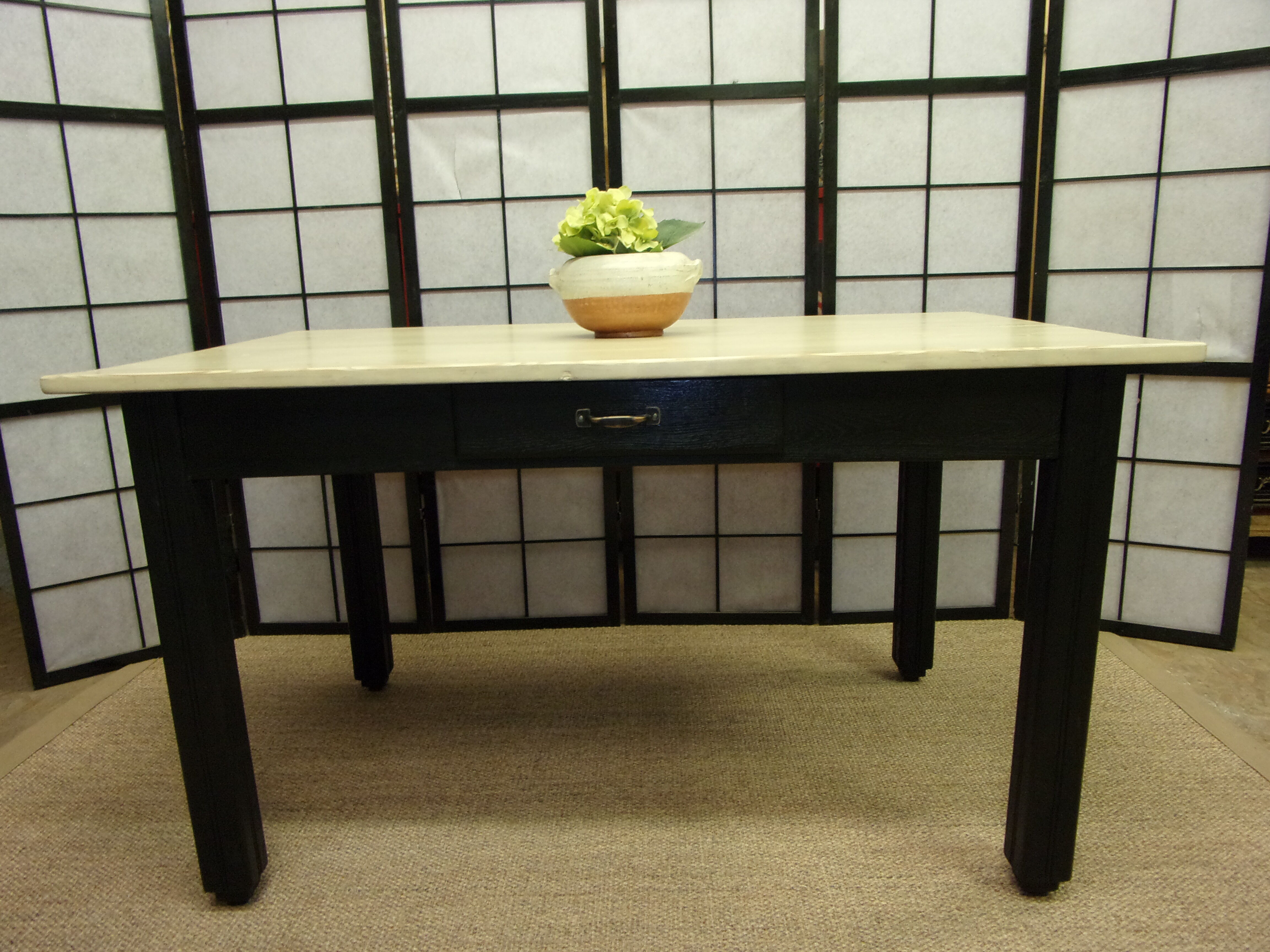 Farm table, dining, oak and pine patinated black and pale yellow