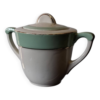 Old mint green sugar bowl from Moulin des Loups, model "Gondé", in good condition.