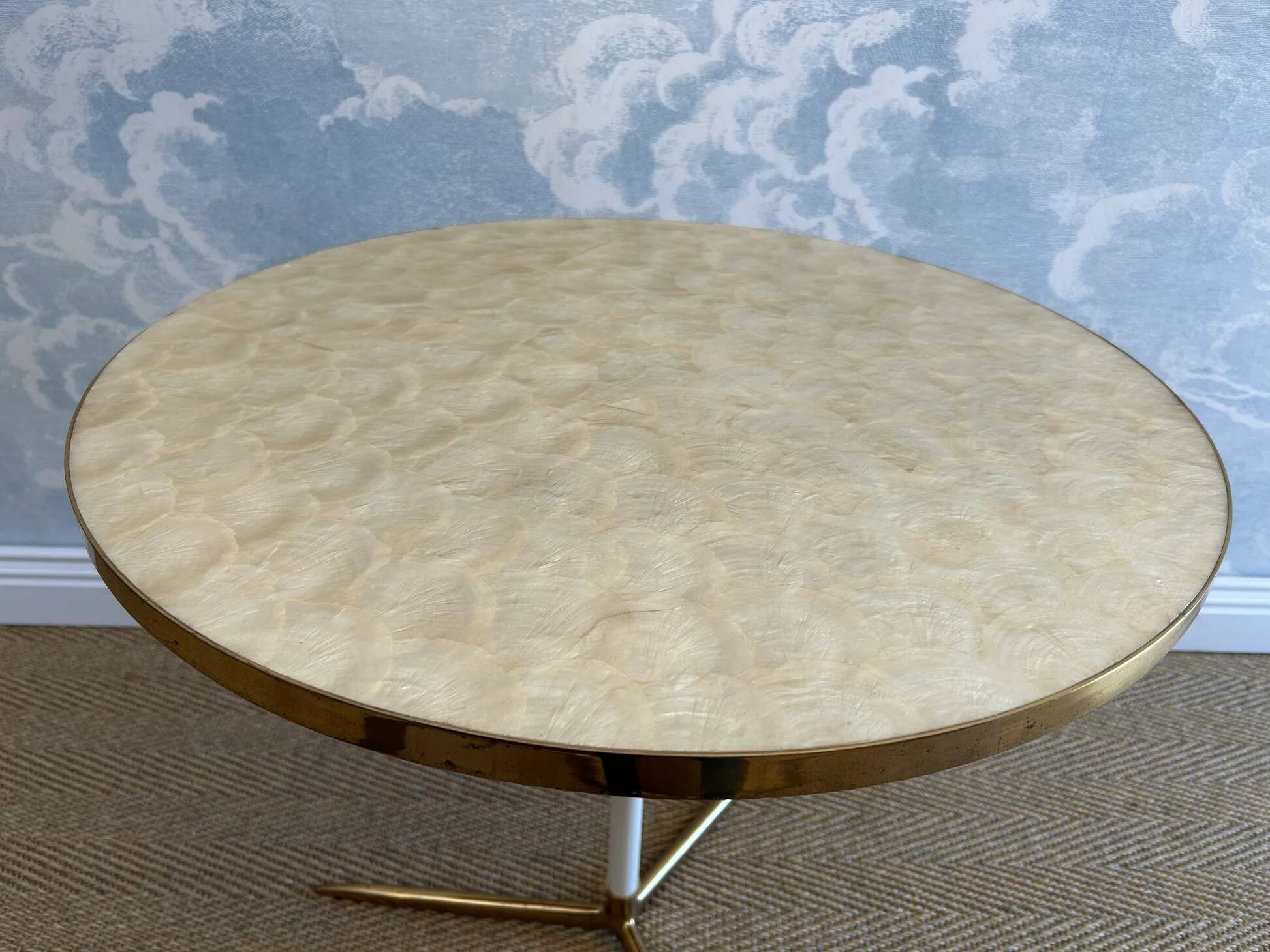 Capiz shell side table with a brass base by Vereinigte Werkstätten Munich, Germany, 1960s.
