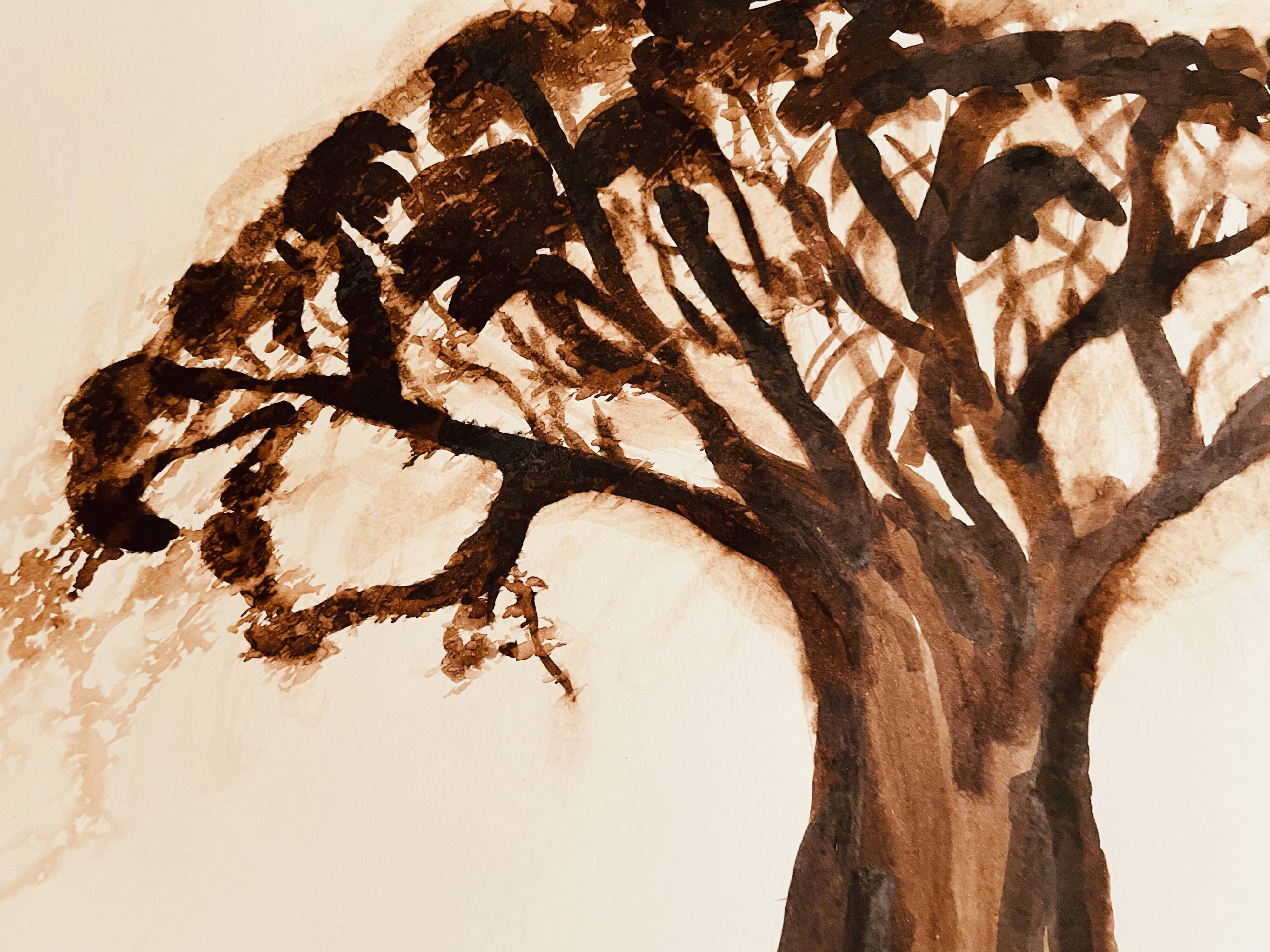 Signed monochrome watercolour painting of a baobab tree, South Africa.