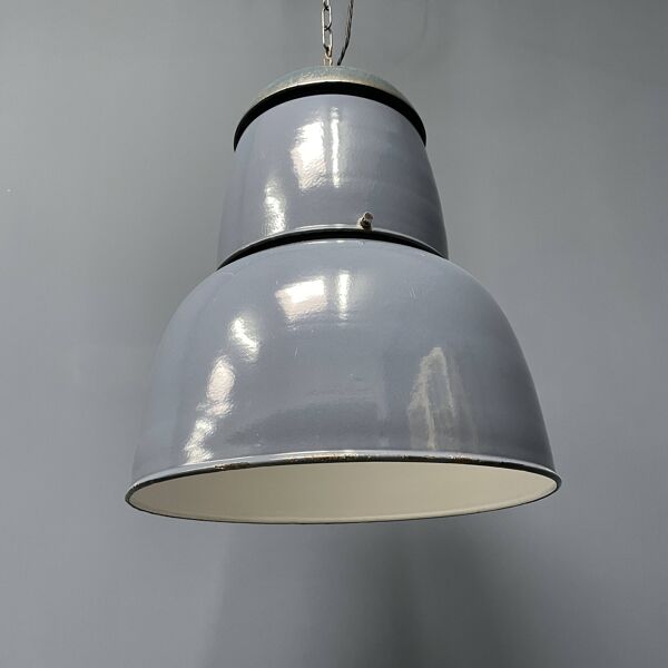 Grande lampe à suspension industrielle ancienne en émail bleu-gris