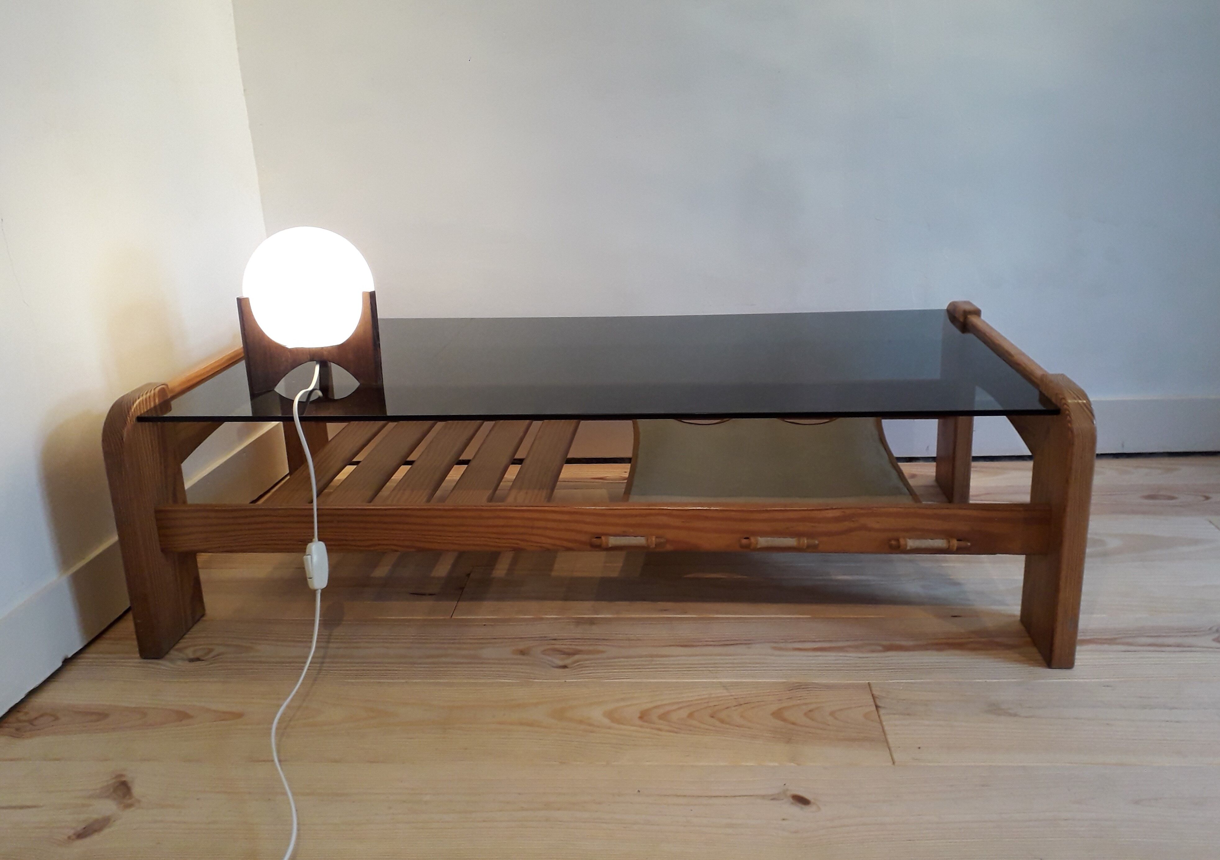 Table low pine and smoked glass