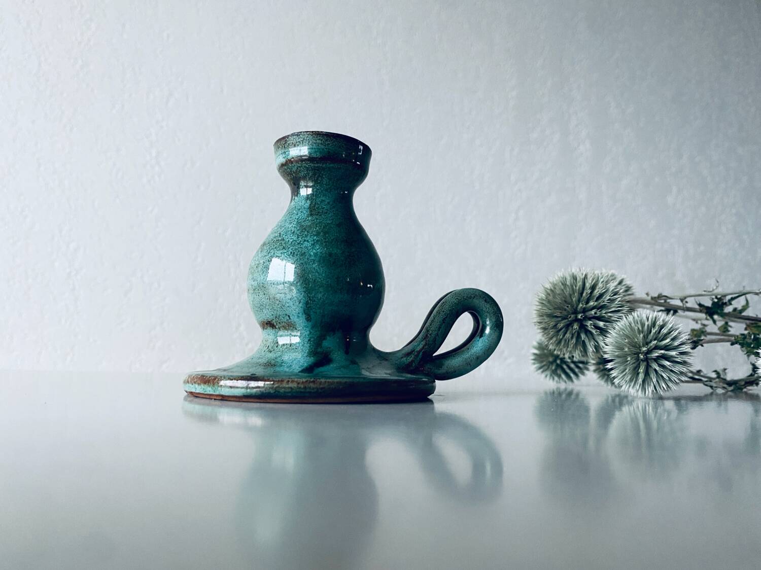 Candle holder in enamelled and signed stoneware